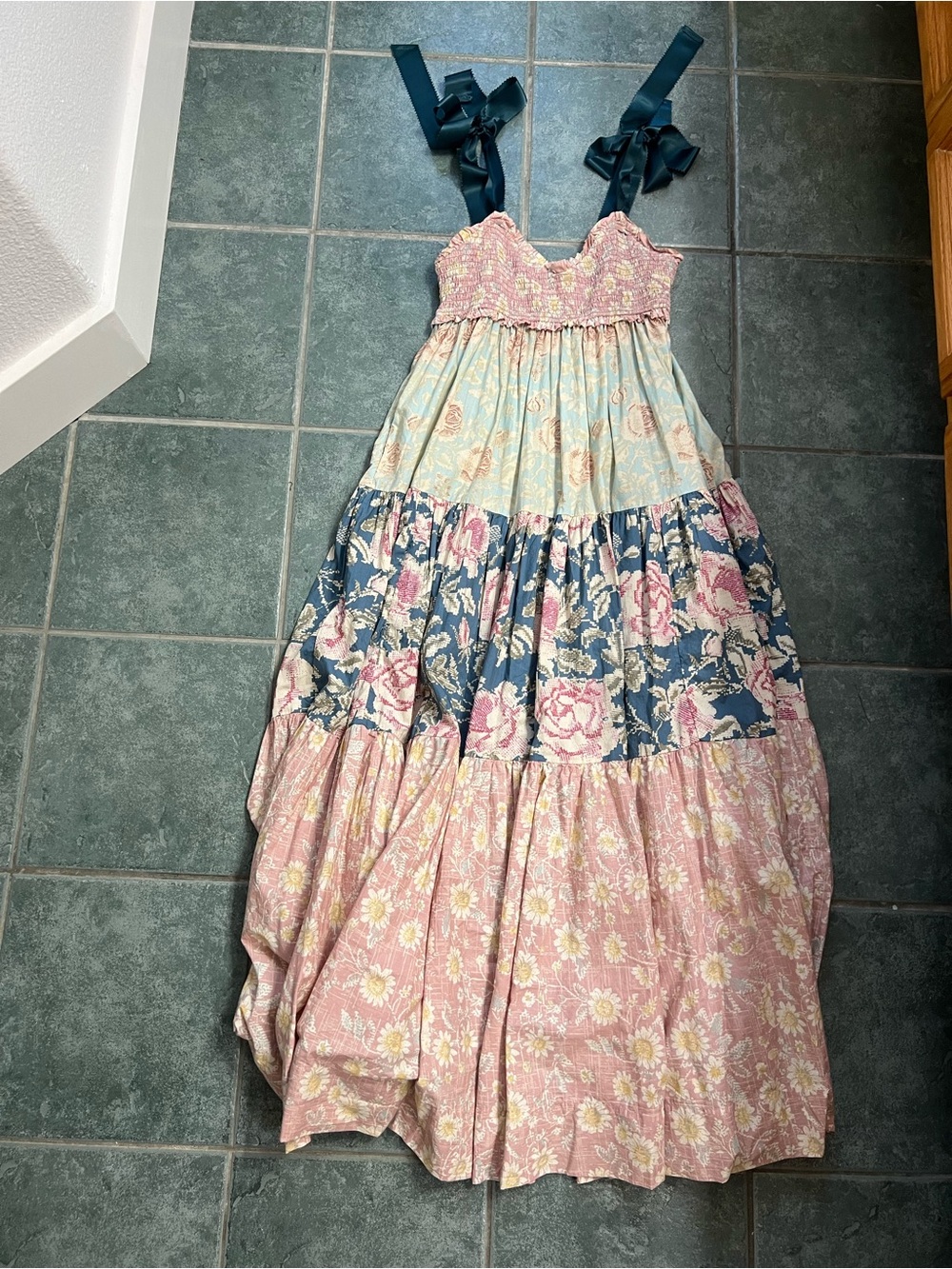Free People Pastel Patchwork Floral Maxi Dress with Navy Ribbon Straps - Picture 2 of 2